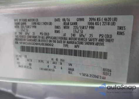 2017 Ford Escape Se z USA, uszkodzony, nr VIN 1FMCU0GD9HUB38002